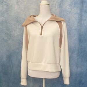 Athletic Small Cream and Tan Half-Zip Sweatshirt Silky Polyester Material READ